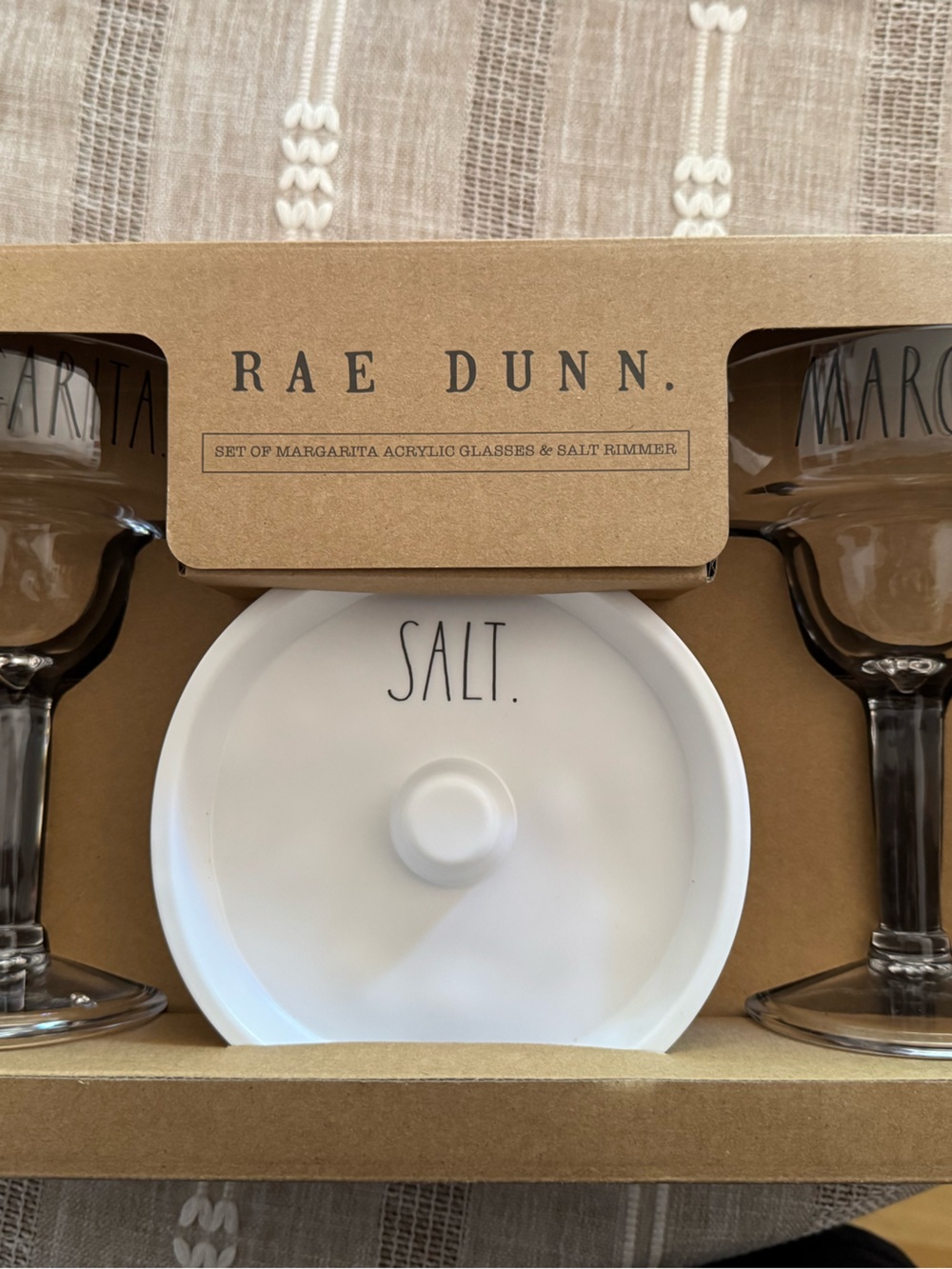 Rae Dunn White Salt Cellar with Clear Margarita Glasses